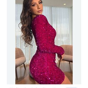 NWT Eliza J Sequin Lined LS Mini Dress Magenta Pink Size 4 Cocktail Sparkle Glam